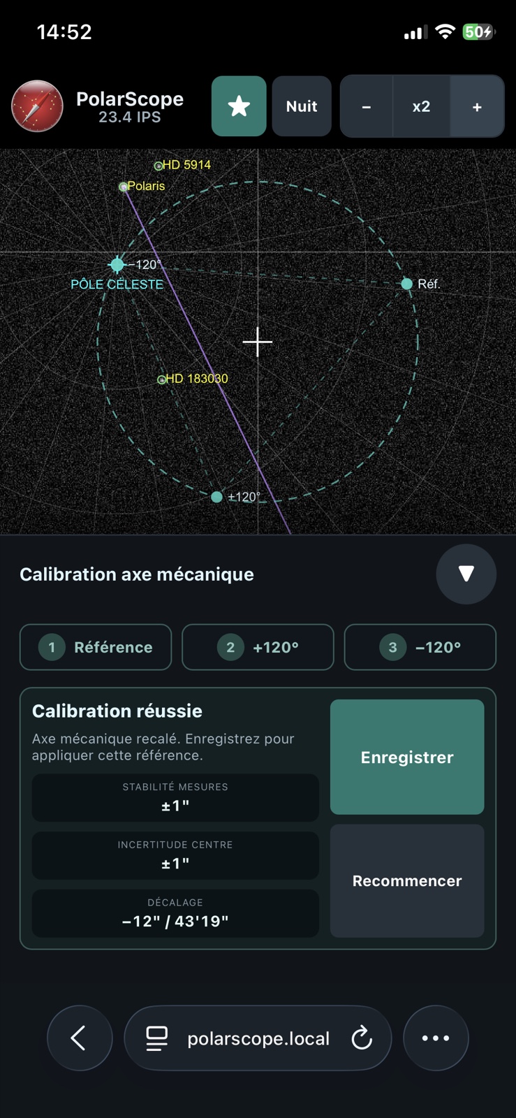 Interface PolarScope affichant un champ stellaire réel et une calibration réussie de l’axe mécanique sur trois positions.