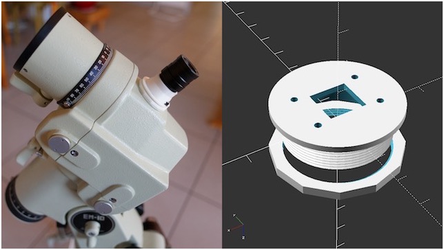 Photo juxtaposant la caméra adaptée montée sur une monture EM-10 et le modèle CAO du support.